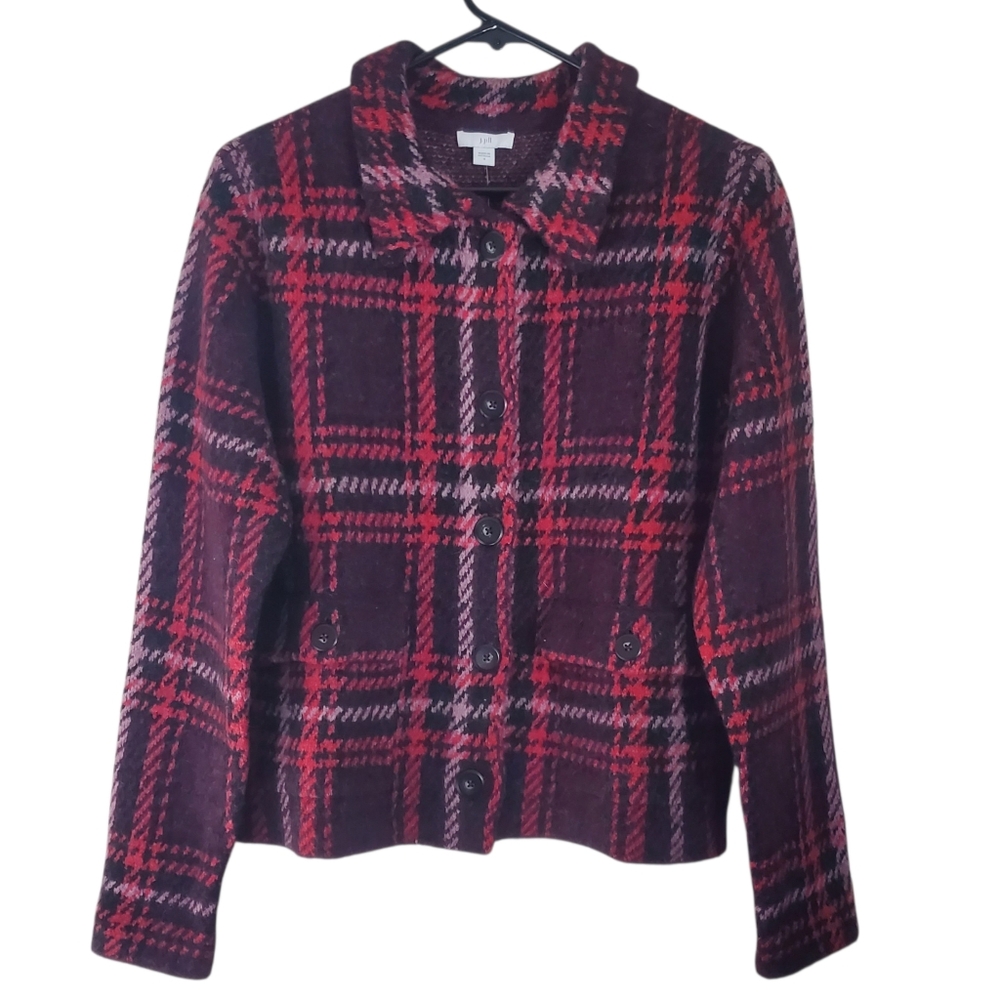 J.Jill Plaid Short Knit Wool Blend Sweater Jacket Boxy Stretch